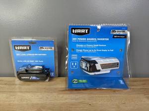 lot 429 image: Brand New HART 20-Volt Power Source Inverter & 20V 1.5ah Lithium Ion Battery - T