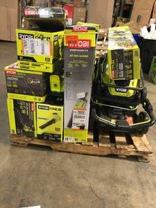 Mixed Lot of Ryobi Tools (hand blower, 2 battery lawn mowers, 2 jet fan blowers in boxes, trimmer, hedge trimmer, etc) Customer Returns review all pictures
