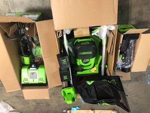 Lot of Greenworks tools (21 Battery Lawn Mower, 610CFM Jet Blower, 42 Snow Shovel) in working condition review all pictures