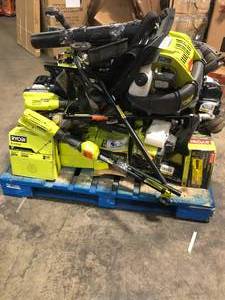 Mix pallet of Ryobi Lawn tools (grass trimmers, backpack blowers, pole saw, etc.) used various conditions review all pictures