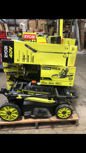 Pallet of Mixed Ryobi Tools (Chainsaw, backpack blower, timmer, lawn mower etc.) various condition review all pictures