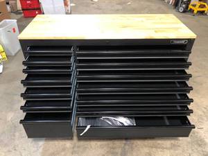 Husky 62 in. W x 24 in. D Heavy Duty 14-Drawer Mobile Workbench Tool Chest with Adjustable Height Wood Top in Matte Black (has damage on the back and on the sides) review all pictures