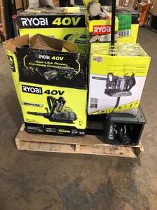 Pallet of Mixed Ryobi tools (backpack blowers, chain saws, cordless edge trimmer etc.) various condition review all pictures