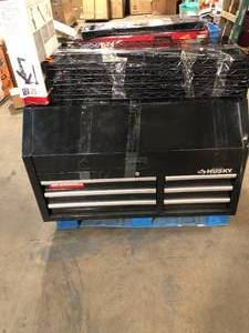 Mix lot of assorted husky tools (folding steel sawhorse, material holding box, cabinet etc.) review all pictures