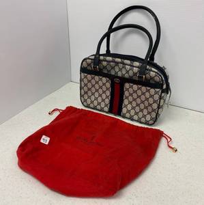 Authentic Vintage Gucci Navy Blue Monogram Handbag wsignature red and navy blue stripe