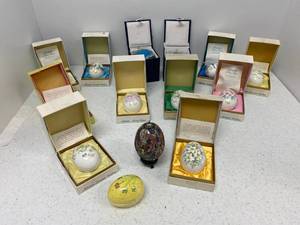 Noritake Limited edition bone china Easter eggs with boxes , two misc. eggs and two hand painted glass ornaments