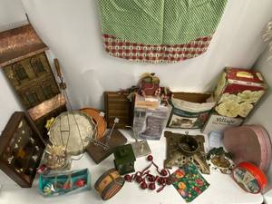 Misc. Household items and vintage cast iron Christmas tree stand.
