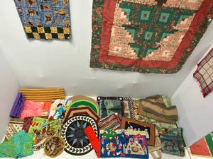 Vintage Scarves, quilt, Placemats and more.