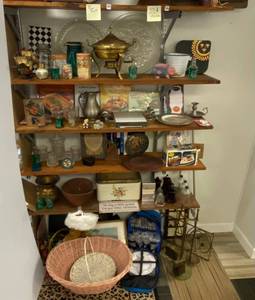 4 shelves and floor. full of misc. antiques and collectibles. ( Shelves not included)