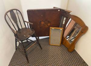 Vintage folding wood table, mirrors and high chair