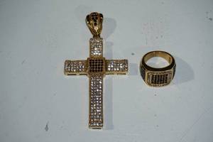 lot 8 image: Gold Plated Over Stainless Steel Crystal Studded Cross and Mans Ring