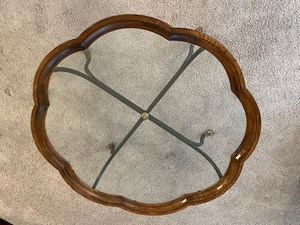 lot 5 image: Drexel Heritage Vintage Glass Top Scalloped Edge with Brass Hoof Feet