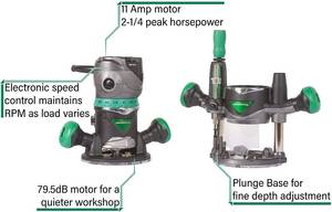 lot 49 image: Metabo HPT Router Kit  FixedPlunge Base  Variable Speed  11 Amp Motor  2-14 Peak HP  KM12VC