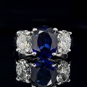 lot 1 image: 18k White Gold 4.78ctw. 3-Stone Style Oval Diamond & Blue Sapphire Ring $10,400 Retail VIDEO