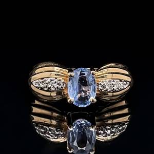 lot 38 image: Glamorous Glitter Oval Light Blue Gemstone & Natural Diamond Pinched Scalloped Ribbon Estate Ring in 14k Yellow Gold