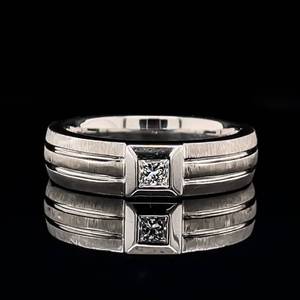 lot 42 image: Mens Fine Quality DOro 0.29ctw Diamond Solitaire Geometric Fancy Bezel Ring in 14k White Gold SatinBrushed Finish Comfort Fit $2450 Retail