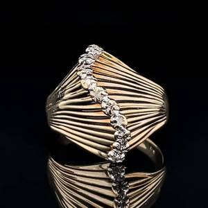 lot 48 image: Mid-Century Modern Retro Super Glam 0.30ctw Diamond Marquise Wavy Scalloped Estate Ring in Yellow Gold $1,399 Retail