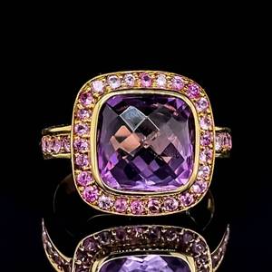 lot 56 image: Designer Style Cushion Bezel Amethyst & Pink Topaz Halo Estate Ring in 18k Yellow Gold $1750 Retail