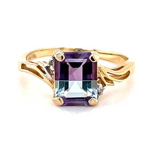lot 62 image: Vibrant Bi-Colored Topaz & Amethyst Gemstone & Natural Diamond Accent Ring in 14k Yellow Gold VIDEO