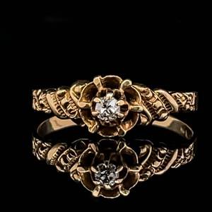 lot 67 image: One-of-a-Kind Highly Detailed Antique Round Diamond Solitaire Tulip Estate Ring in 14k Yellow Gold