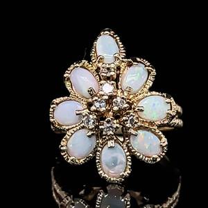 lot 71 image: Natural White Opal & Diamond Cluster Floral Bouquet Vintage Estate Ring in Yellow Gold, Newly Polished