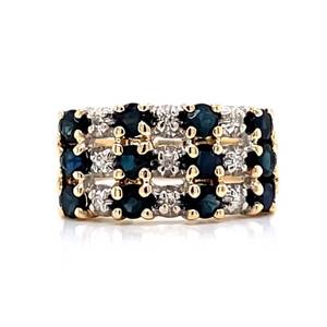 lot 74 image: Natural Blue Sapphire & Diamond Triple Row Stacked Cluster Split Shoulder Ring in Yellow Gold Estate $1650 Retail VIDEO