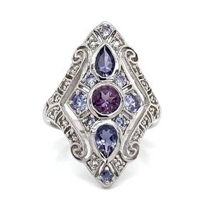 lot 79 image: Ornate Tanzanite & Amethyst Filigree Shield-Kite Shaped Estate Ring. Beautiful Artesian Touch  VIDEO