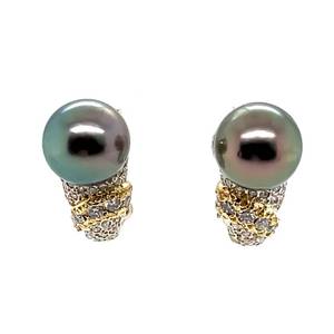 lot 12 image: Classic Elegance Round Black Tahitian Pearl & Diamond J-Hoop Omega Estate Earrings in 18k Two-Tone Gold $2,600 Retail