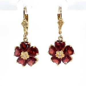 lot 16 image: Beautiful Drops Red Garnet & Diamond Flower Cluster Leverback Dangle Estate Earrings in 14k Yellow Gold