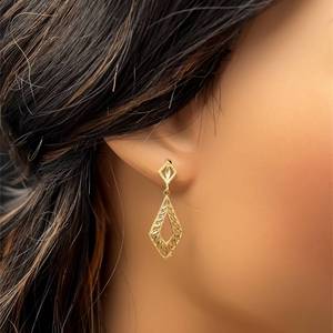 lot 54 image: 14k Gold Dangle Earrings, Lightweight Diamond-Cut Leaf Trellis Geometric Designs. Perfect Every Day Wear. No Reserve