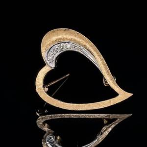 lot 40 image: Vintage Mid-Century Modern Heart Diamond PinBrooch in 14k Two-Tone Gold with Brushed Finish