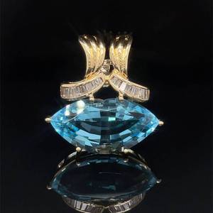 lot 7 image: Large, Double Luxury Marquise Blue Topaz & 0.50ctw Diamond Baguette Double RIbbon Slide Pendant in 14k Yellow Gold $3450 Retail VIDEO