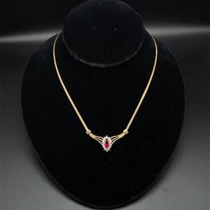 lot 40A image: Marquise Ruby & Diamond Cluster Chevron Style Necklace in Yellow Gold, Flattering Estate Treasure $2,250 Retail