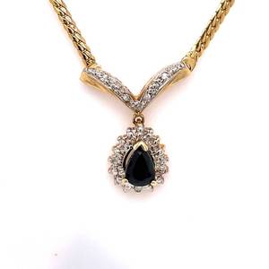 lot 41 image: Natural Blue Sapphire & Diamond Pear Shape Cluster Chevron Drop Necklace in Yellow Gold  Estate Dangle $1450 Retail