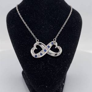 lot 45 image: Double Heart Infinity Symbol Blue Sapphire & Diamond VS Clarity Pendant Layering Necklace in 18k White Gold Estate $1550 Retail