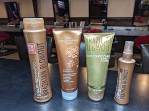 lot 111 image: Brazilian Blowout Conditioning Masque, Shampoo, Smoothing Serum, and Ionic Bonding Spray - New
