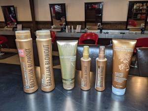 lot 112 image: Brazilian Blowout Shampoos, Conditioning Masque, Dry Oil, Straightening Balm, and Ionic Bonding Spray - New