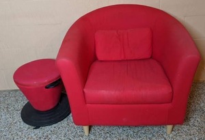 lot 31 image: IKEA TULLSTA Armchair in Red with Red Footstool