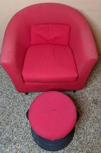 lot 33 image: IKEA TULLSTA Armchair in Red with Red Footstool