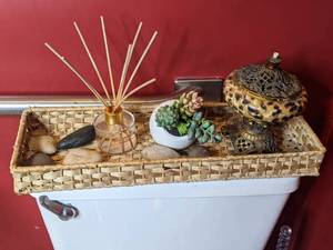lot 164 image: Woven Display Basket with Reed Diffuser, Stones, Succulent and Potpourri Jar