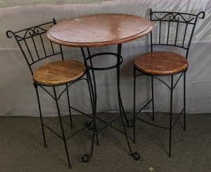 lot 59 image: Bar Height Bistro Set Table & 2 Chairs, Wrought Iron and Wood