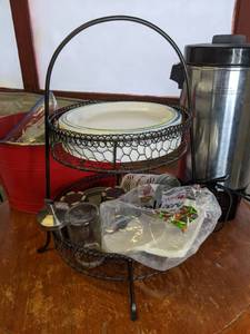 lot 64 image: Assortment of Breakroom Items Coffee Beverage Dispenser Machine, Coffee Filters, Paper Plates, 2-Tier Basket and More