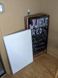 lot 65 image: Foldable Chalkboard Sidewalk Sign and Dry Erase Board