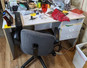 lot 53 image: Small White Desk and Gray Office Chair