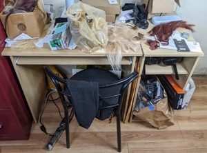 lot 55 image: Small Wooden Desk, Wooden Printer Stand, & Metal Frame Chair