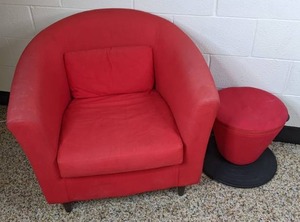 lot 58 image: IKEA TULLSTA Armchair in Red with Red Footstool