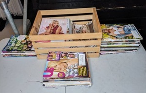 lot 129 image: Wood Crate with Assorted Magazines