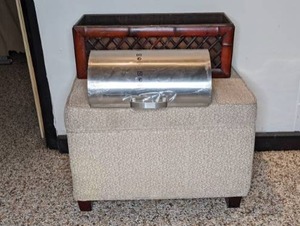 lot 81 image: Ottoman Storage, Bamboo-Style Bin, and IKEA Steel Bread Bin