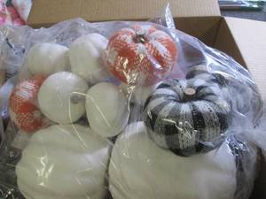 box of pumpkins, neck gaitors, and ...