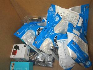 box of bluetooth speakers, webcams ...
